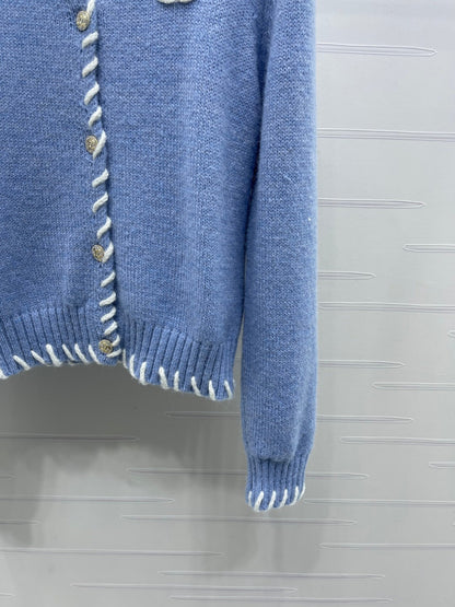 CC 26s Crochet-Trimmed Crew Neck Cardigan Blue Knit 343630