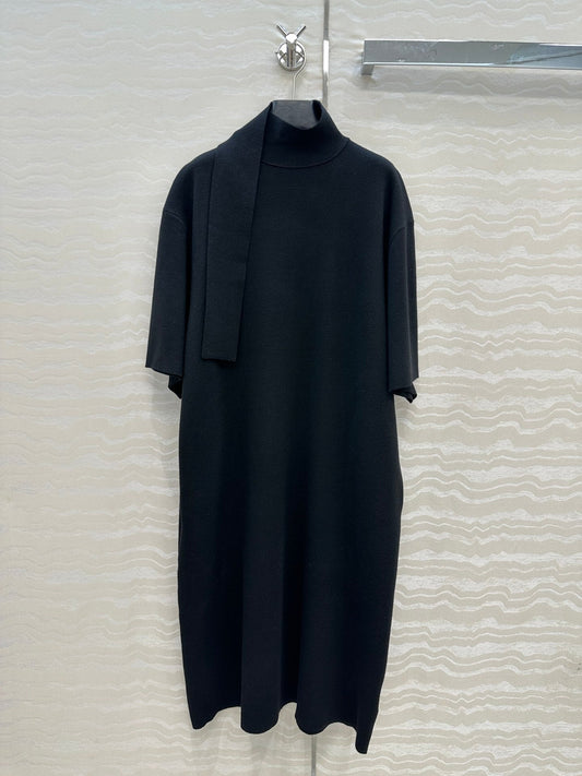 The Row High-End Wool Short-Sleeved Dress With a Ribbon Scarf Black Wool 304588