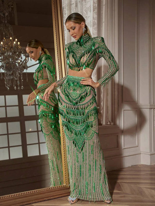 Cythina Long Sleeve Sequin Skirt Set
