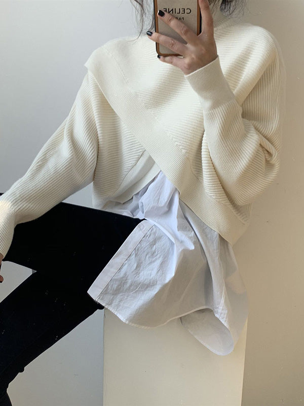 Stylish 4 Colors Knitting High-Neck Asymmetric Split-Front Sweater