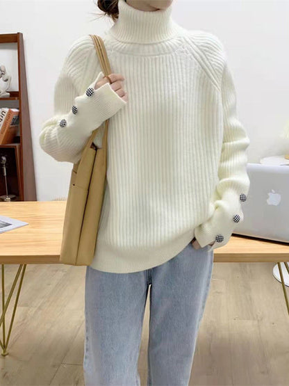 Casual Loose Long Sleeves Solid Color High-Neck Sweater Tops