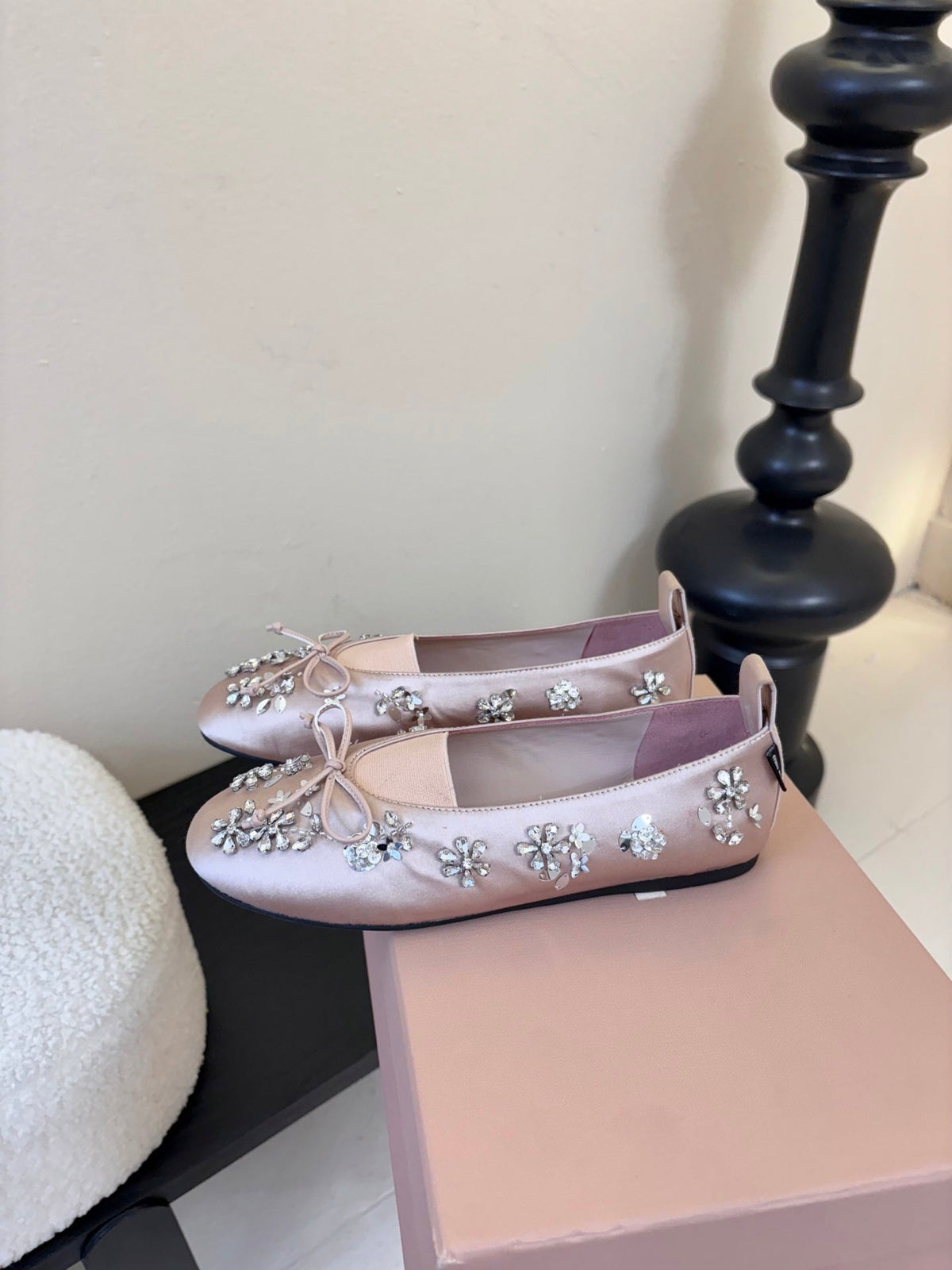 Miu Ballet Flat With Floral Crystal Light Pink Silk