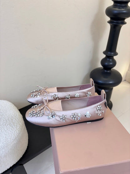 Miu Ballet Flat With Floral Crystal Light Pink Silk