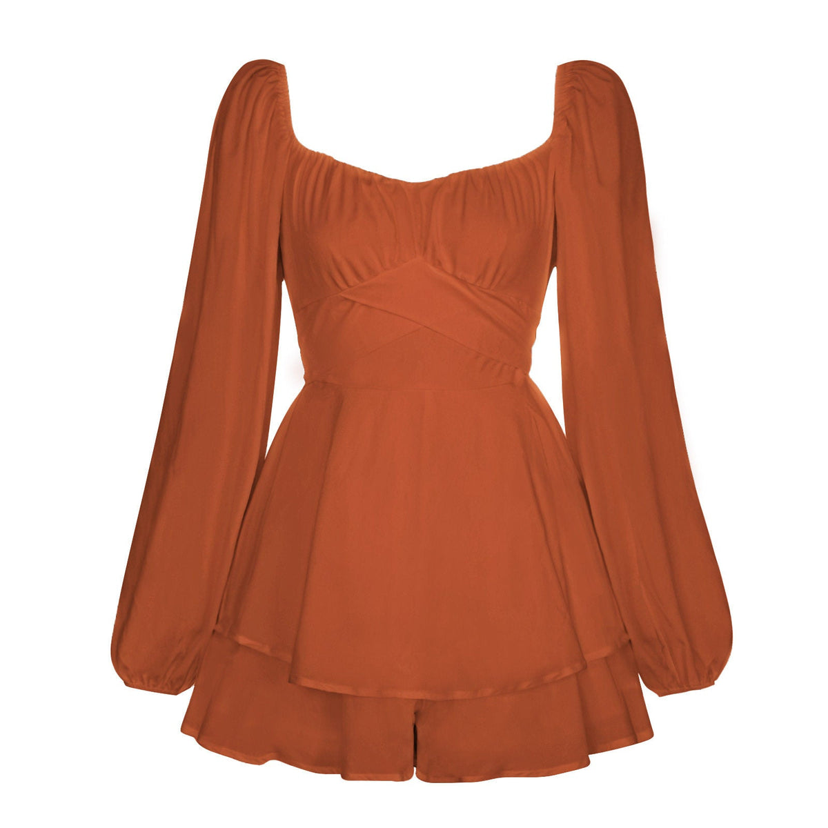 Long Sleeve Square Neck Waist Tie Flare Jumpsuit