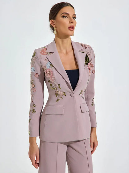 Amelia Embroidered Blush Pantsuit Set