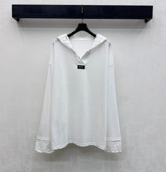 Miu SS26 Lace Hooded Long Sleeve Pullover White Wool Polyester 350278