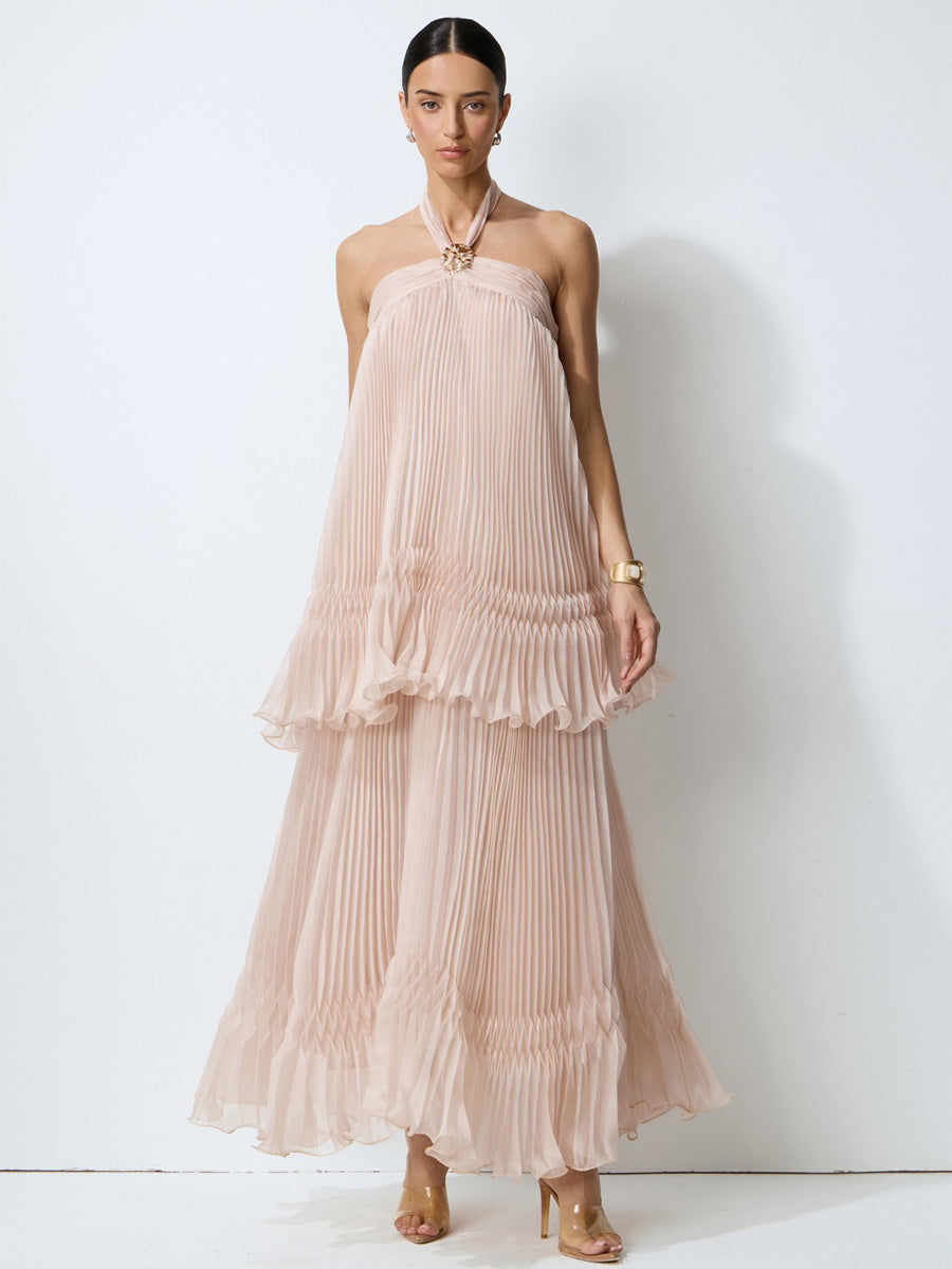 Skylar Pink Halter Neck Pleated Maxi Dress