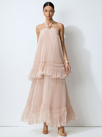 Skylar Pink Halter Neck Pleated Maxi Dress