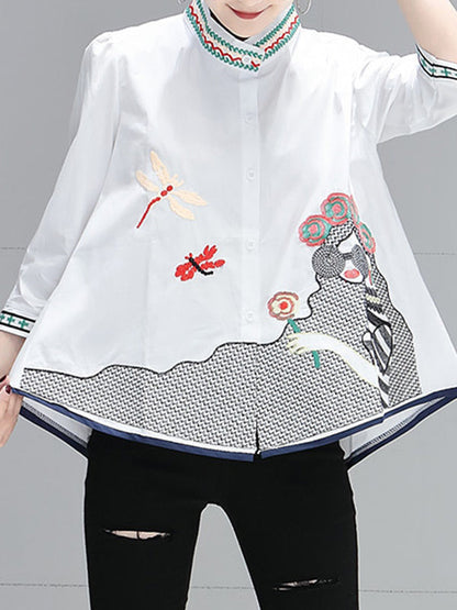 High-Low Loose Contrast Color Embroidered Printed Blouses&Shirts Tops
