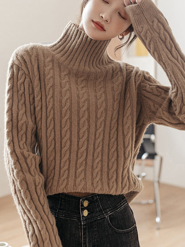 Casual Long Sleeves Loose Solid Color High-Neck Sweater Tops