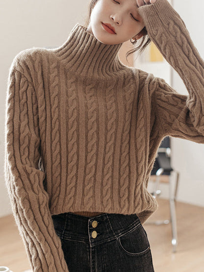Casual Long Sleeves Loose Solid Color High-Neck Sweater Tops