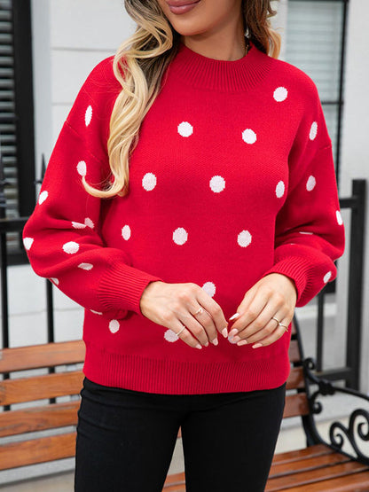 Long Sleeves Loose Polka-Dot Knitwear Pullovers Sweater Tops