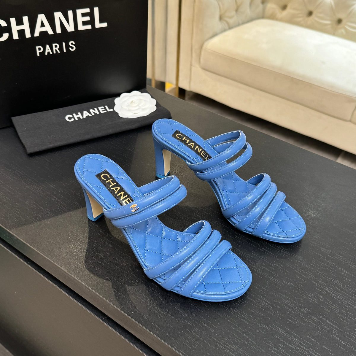 CC 26C Double C Strap Sandals Blue Sheepskin