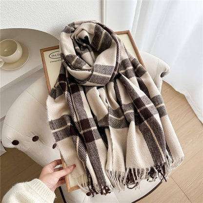 Color Block Plaid Fringe Scarf