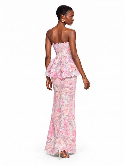 Keira Strapless Floral Peplum Maxi Dress