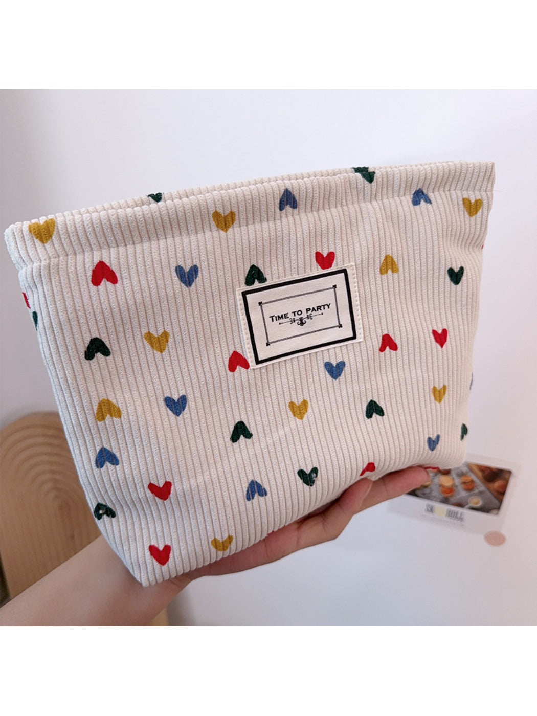 Cosbai - Corduroy Zippered Makeup Pouch with Heart-shaped Patterns
