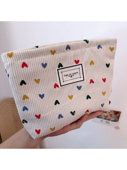 Cosbai - Corduroy Zippered Makeup Pouch with Heart-shaped Patterns