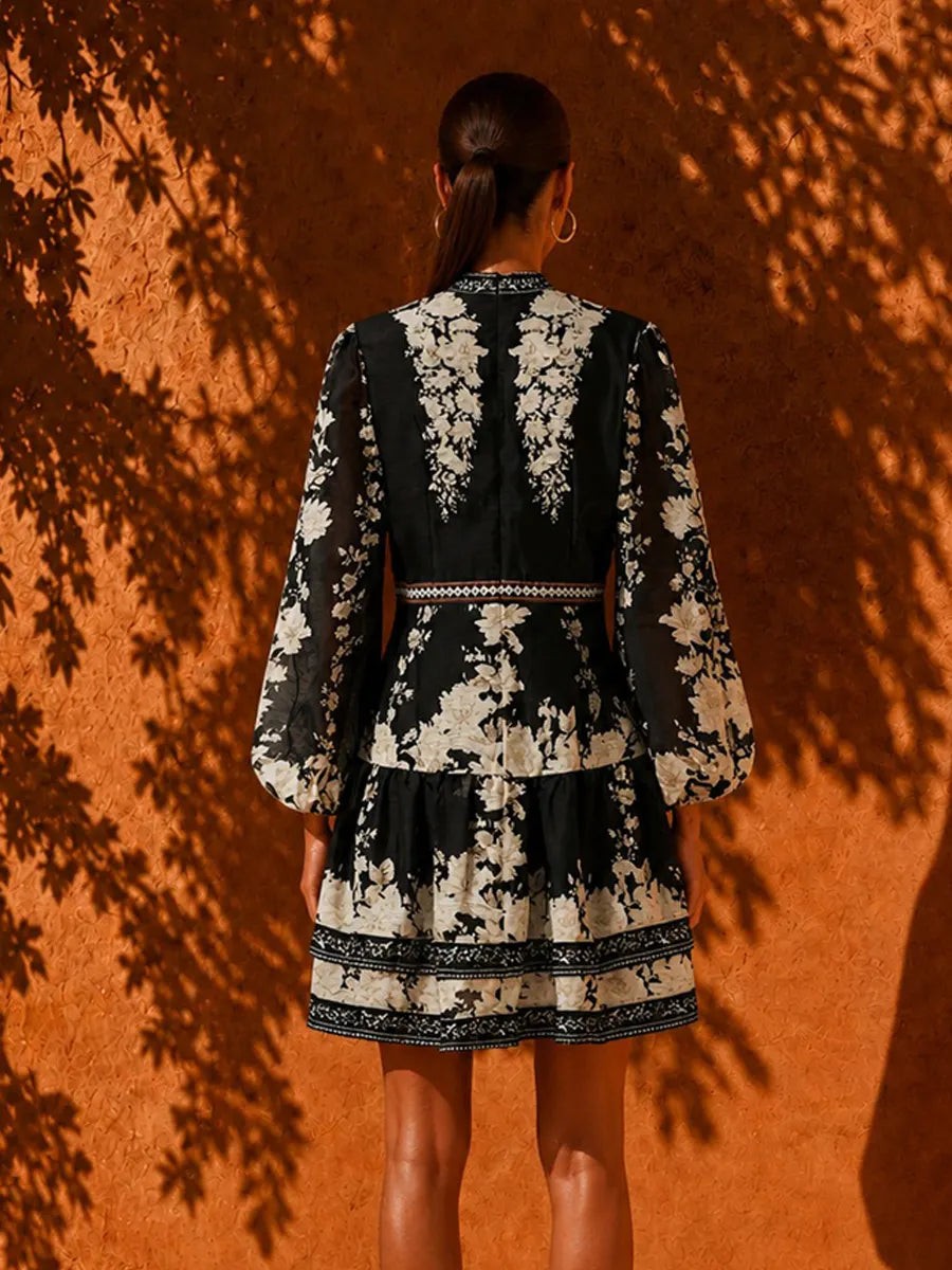 Clarissa Printed Court-Style V-Neck Mini Dress with Lantern Sleeves