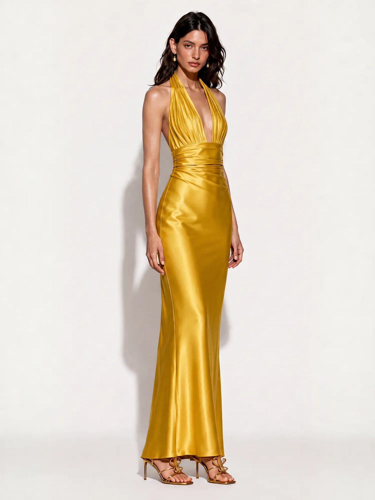 Audrey Satin Halter-Neck Mermaid Maxi Dress In Yellow