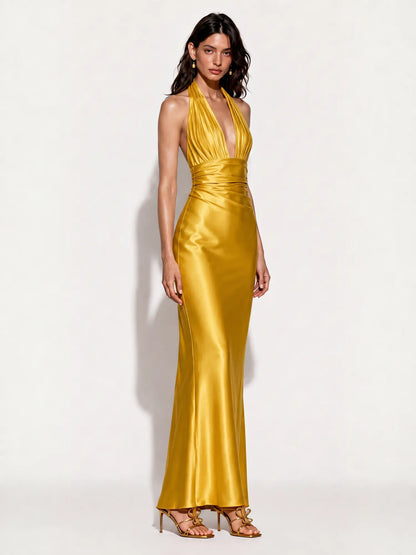 Audrey Satin Halter-Neck Mermaid Maxi Dress In Yellow