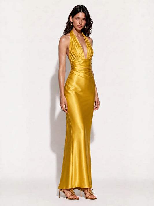 Audrey Satin Halter-Neck Mermaid Maxi Dress In Yellow