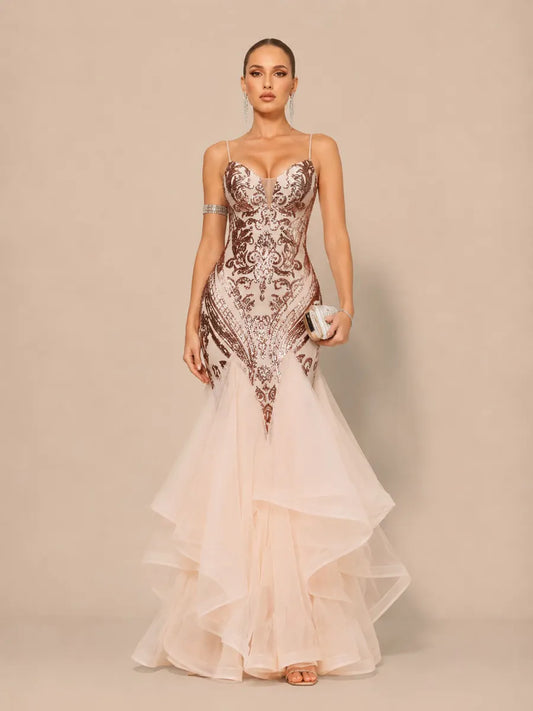 Jocelyn Elegant Contour V Neck Sequin Pattern Maxi Dress