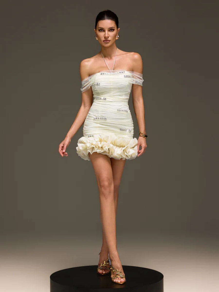 Isla Ivory Off-Shoulder Crystal-Embellished Ruched Mini Dress