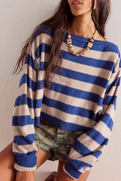 Striped Print Crew Neck Long Sleeve Loose Knitted Sweater