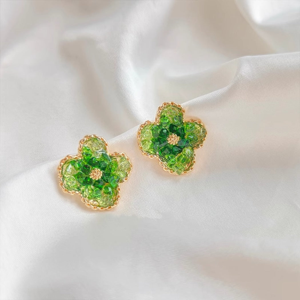 Earwish - Green Sparkling Floral Earrings - Delicate &amp; Chic