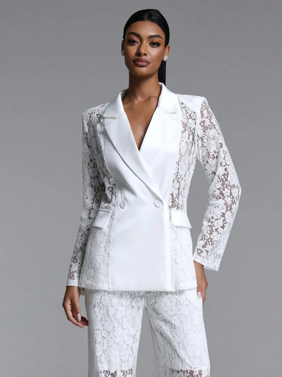 Elara Lace Satin-Trimmed Blazer & Wide-Leg Pant Suit