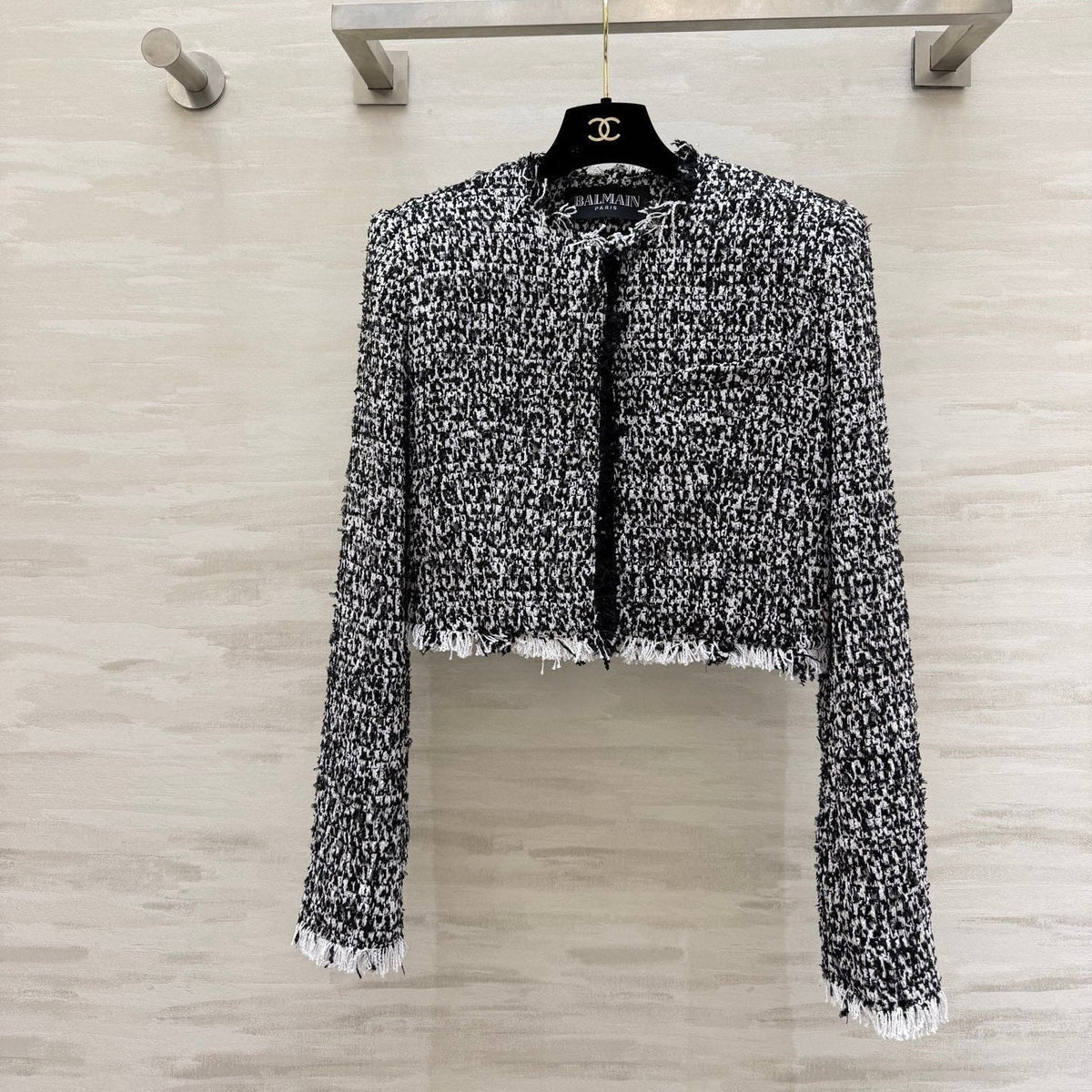 Balmain Short Jacket Black White Tweed 344762