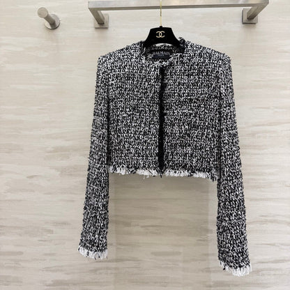 Balmain Short Jacket Black White Tweed 344762