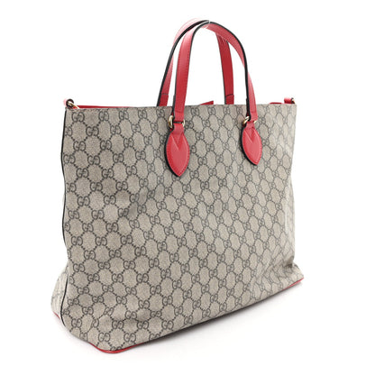 Soft GG Supreme Monogram Flowers Embroidered Crossbody Tote Beige Hibiscus Red