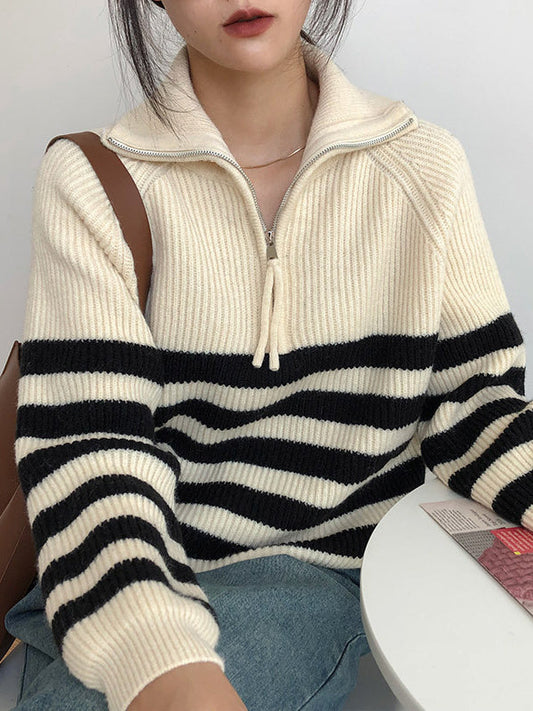 Urban Striped Zipper High-Neck Sweater Tops Pullovers