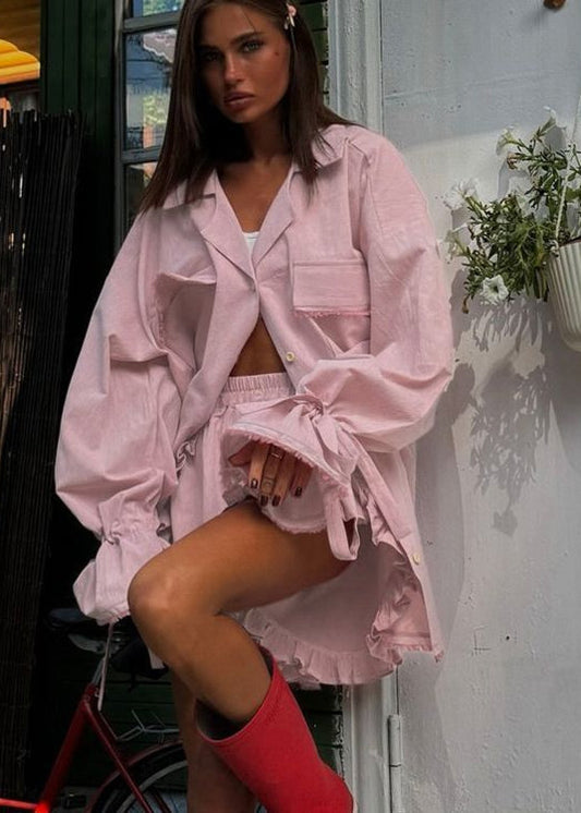 Cotton Ruffled Lounge Set With Oversized Shirt