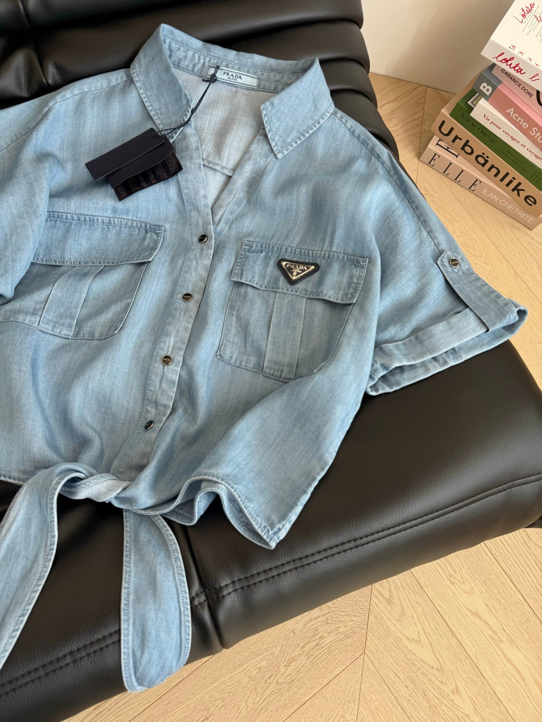 Prada Denim Bow Tie Shirt Light Blue Cotton