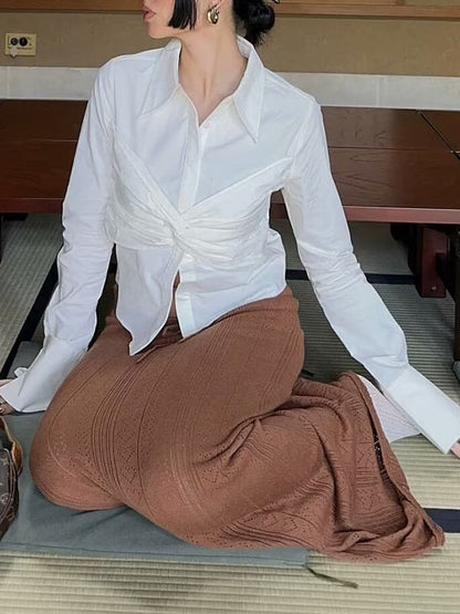 Solid Color Bowknot Buttoned All-Match Long Sleeves Lapel Collar Blouses