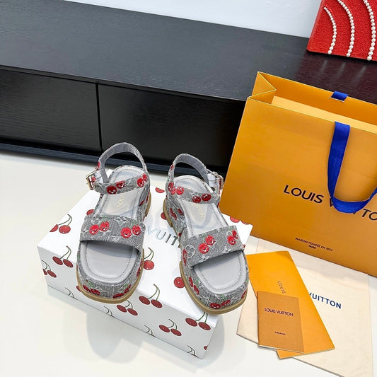 LV Maya Platform Sandals Cherry Motif 6cm Grey Cowhide Denim 572496