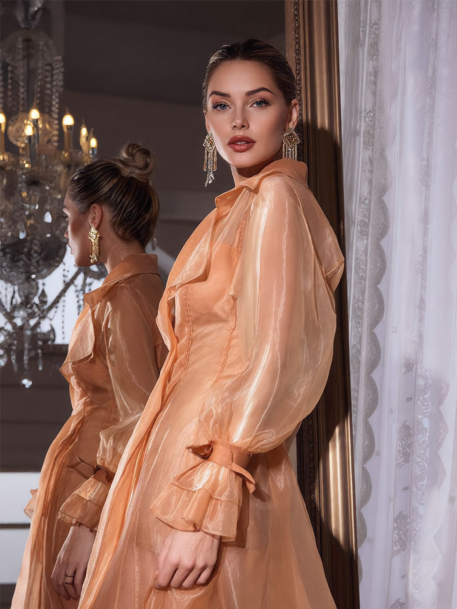 Talia Long-Sleeve Chiffon Lapel Long Coat