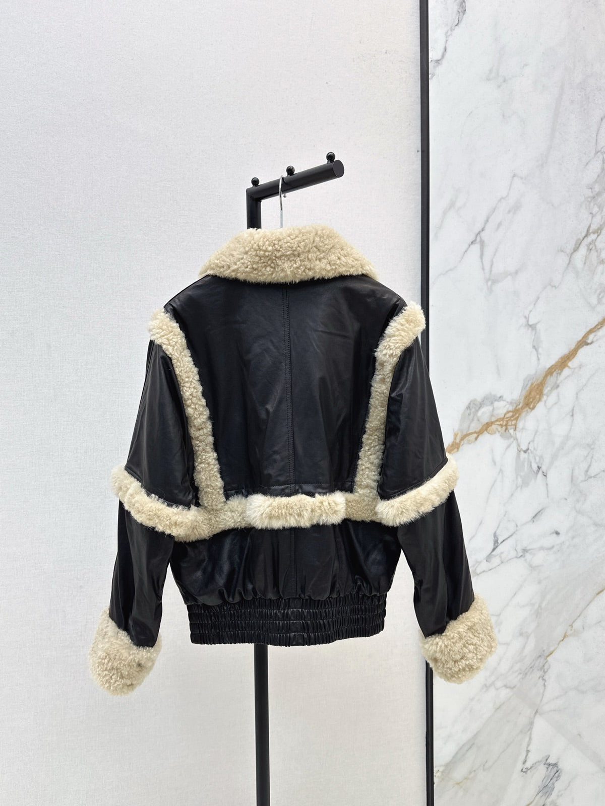 Burberry 25 Shearling-trimmed Bomber Jacket Black Cream Fur Leather