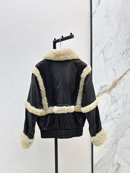 Burberry 25 Shearling-trimmed Bomber Jacket Black Cream Fur Leather