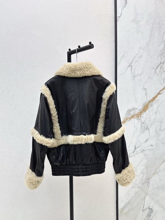 Burberry 25 Shearling-trimmed Bomber Jacket Black Cream Fur Leather