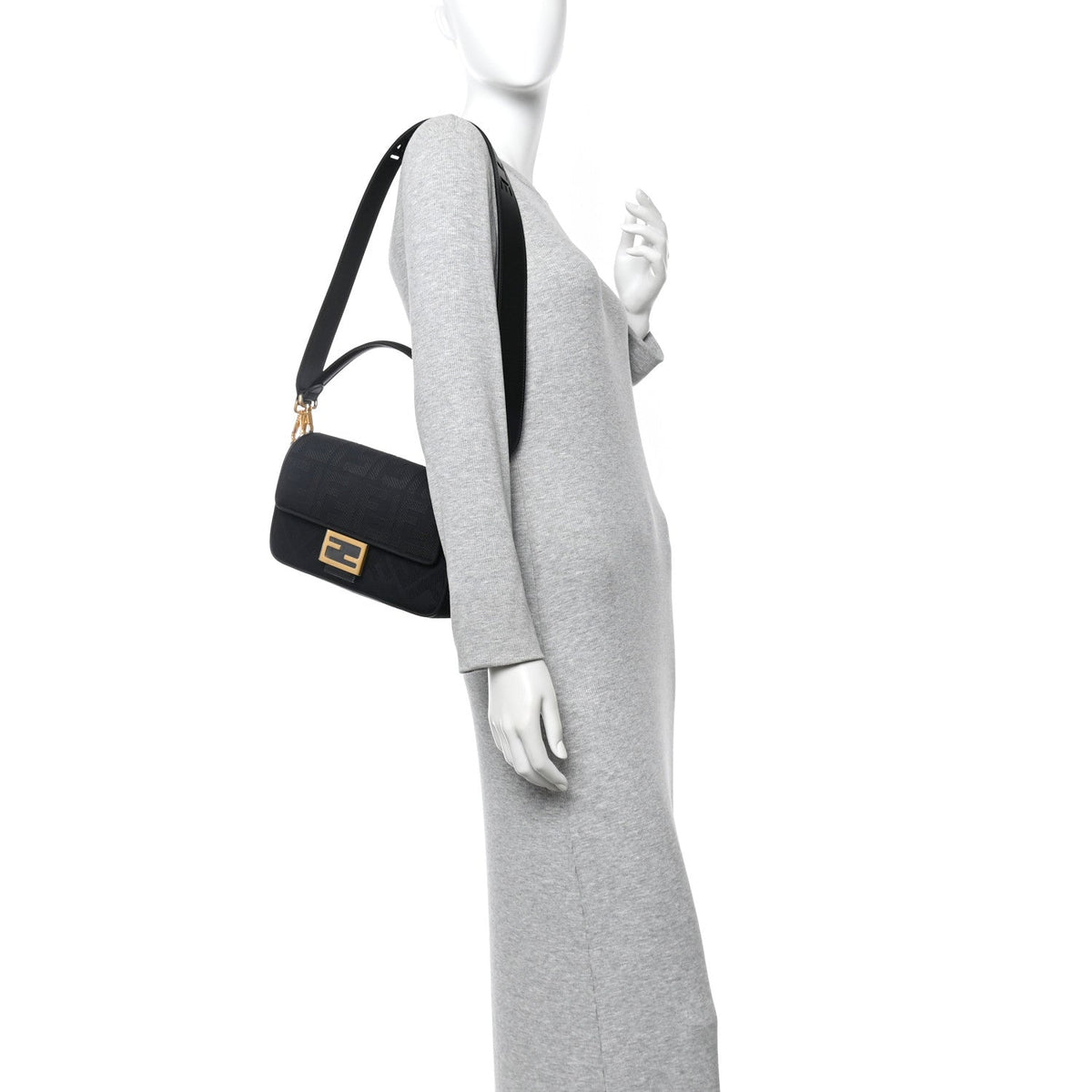 Canvas Vitello King Extra Strap FF Embroidered Baguette Black