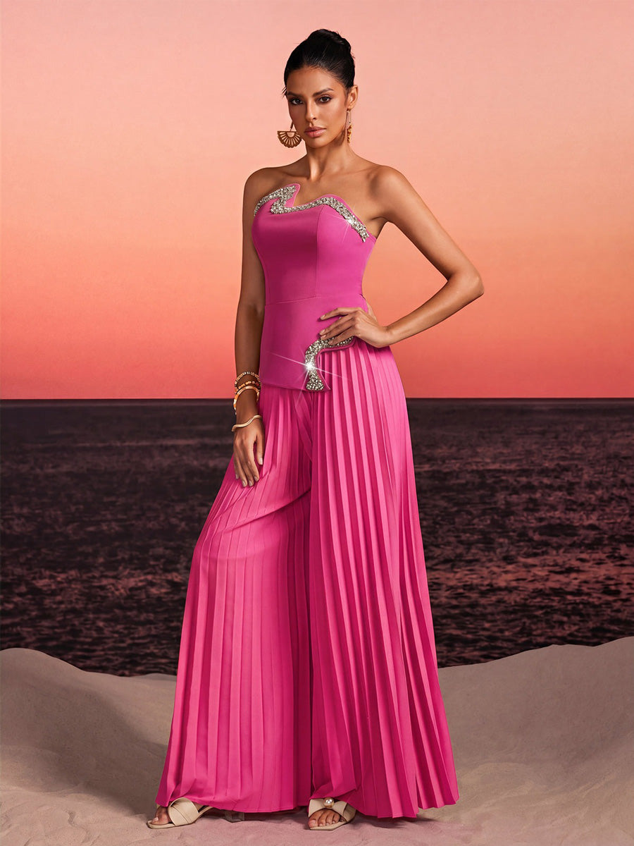Zora Strapless Crystal Pleated Pants Set