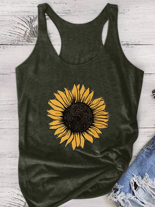 Sunflower Print Women Sleeveless O-Neck Tank Tops