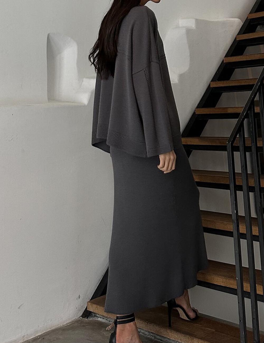 2 Pcs Trendy Knit V-Neck Sweater Maxi Skirt Set