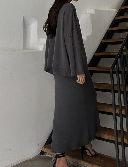 2 Pcs Trendy Knit V-Neck Sweater Maxi Skirt Set
