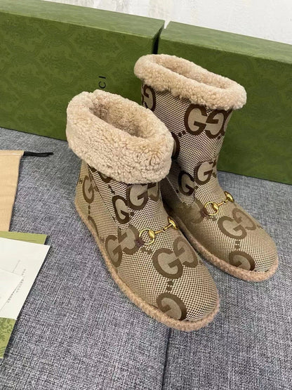 GG Horsebit Snow Boots Beige Woolen Fabric Fleece 576253
