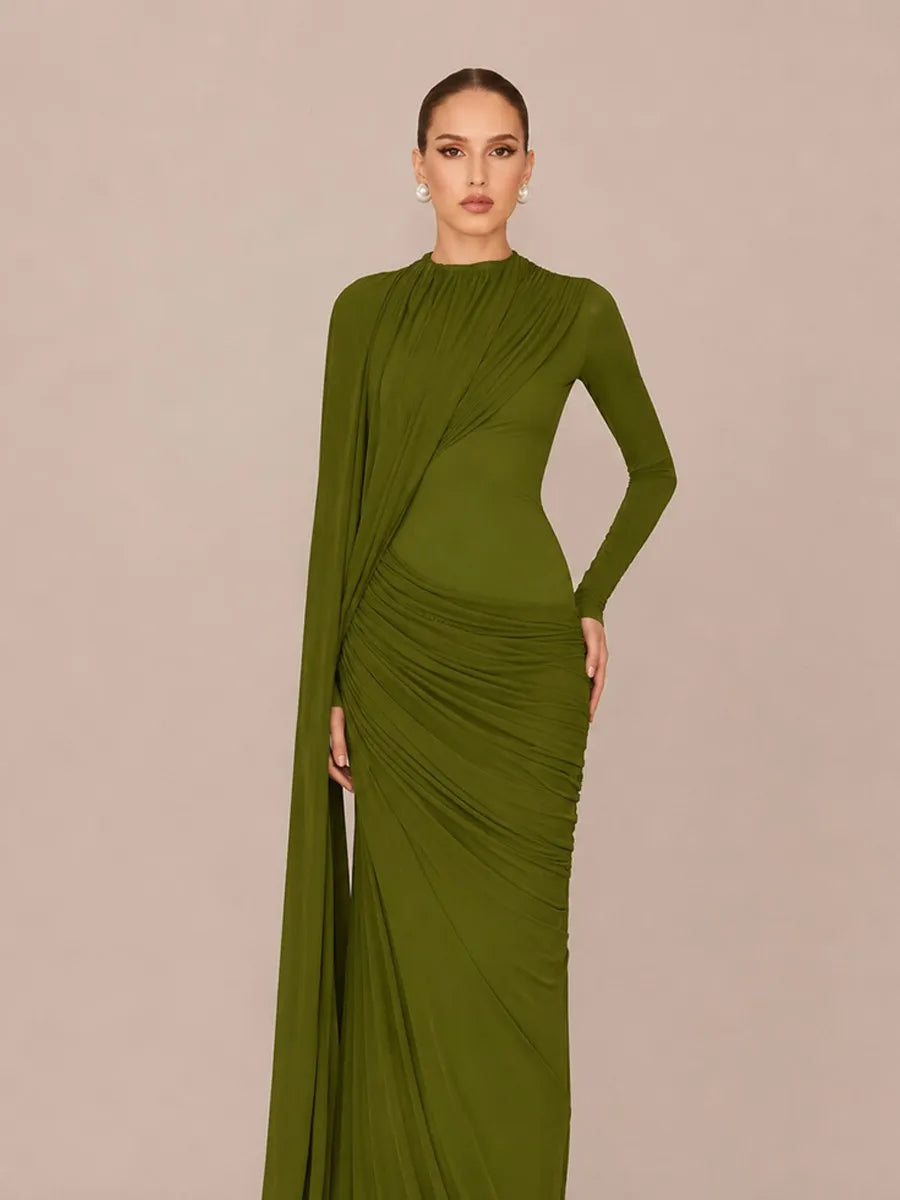 Luna Ruffled Ribbon Round Neck Long Sleeve Maxi Dress