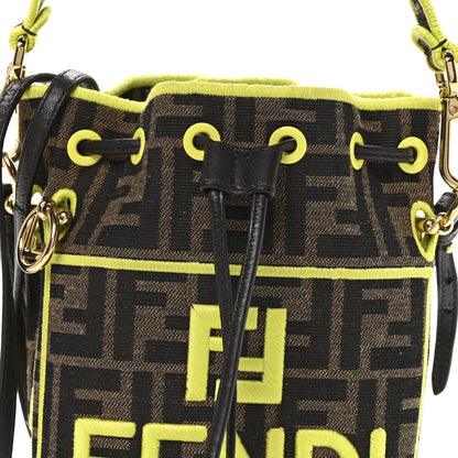 Fabric Jacquard Shiny Nappa FF 1974 Logo Threaded Edge Mini Mon Tresor Bucket Bag Tobacco Moro Giallo Fluo